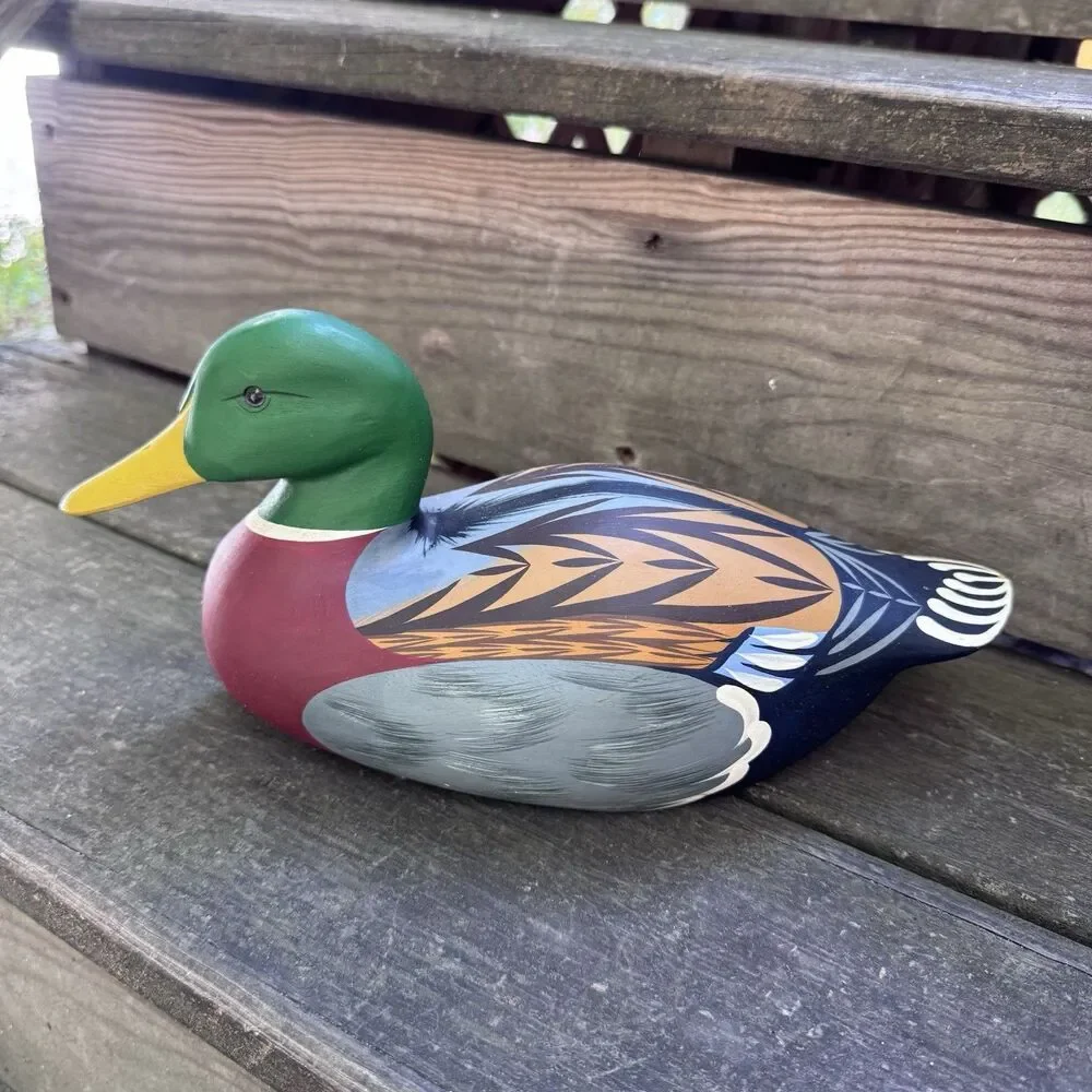 Vintage Wood Hand Carved Painted Mallard Duck Decoy Figure Glass Eyes Taiwan